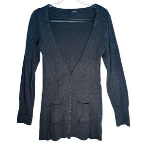 Y2K Deep V Longline Cardigan Gray M Sz 12 Ribbed Knit Sexy Retro 2000s Layering